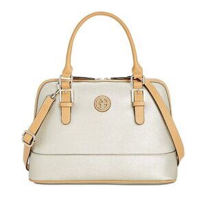 GIANI BERNINI Saffiano faux-leather dome satchel crossbody bag -Ivory/Tan